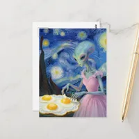 Blue Alien Pink Dress Eat Fried Eggs Faux Van Gogh Postcard