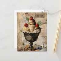 Ice Cream Sundae and Fruit Vintage Collage Postcard