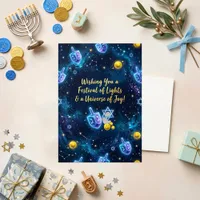 Cosmic Blue Galaxy Hanukkah Dreidel Holiday Card