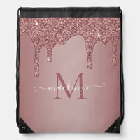 Girly Rose Gold Sparkle Glitter Drips Monogram Drawstring Bag