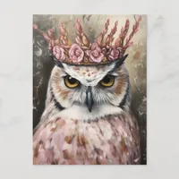 Snowy Owl in a Pink Floral Crown Postcard