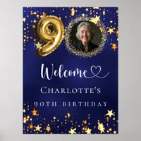 90th Birthday blue gold stars photo welcome Poster