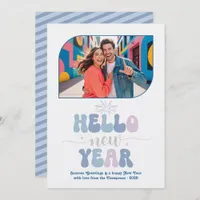 Cotton Sky Hello New Year Blue Retro Photo Holiday Card