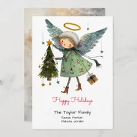 Happy Holidays with Whimsical Angel and Tree Holiday Card