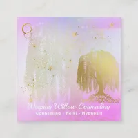 *~* Rainbow Cosmic Willow Tree Moon Gold Square Business Card