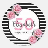 50th birthday pink florals black stripes ma,e classic round sticker