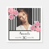30th birthday black stripes pink floral photo napkins