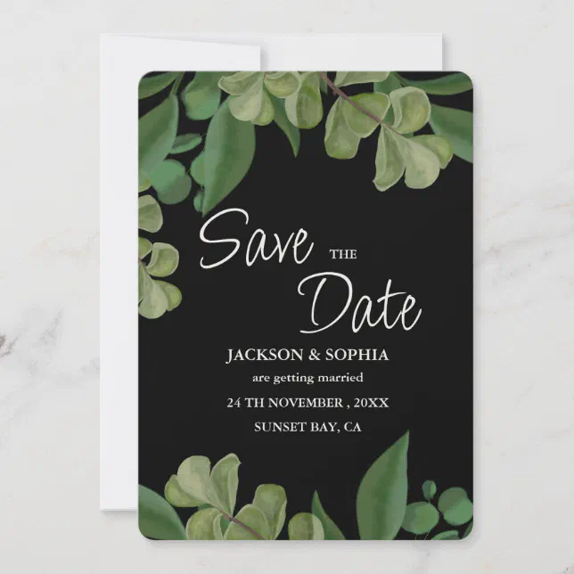 Black & green Elegant rustic greenery leaves lush Save The Date