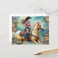 Cowgirl on a Palomino Pinto Horse Postcard