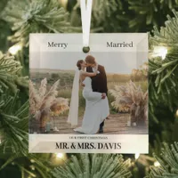 Minimalist Merry And Married Photo First Christmas Glass Ornament