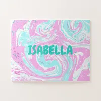 Pink and Teal Blue Cotton Candy Colors Marble Name Jigsaw Puzzle