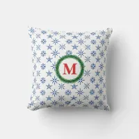 Wreath Monogram Blue Snowflakes White Background Throw Pillow