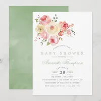 Blush and Sage Watercolor Floral Baby Shower Invitation