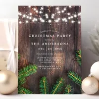 Rustic Pine String Lights Wood Christmas Party Invitation