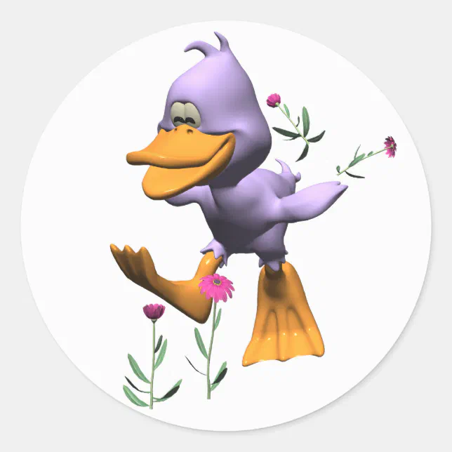 Cute Happy Cartoon Duck Running Through Flowers Classic Round Sticker