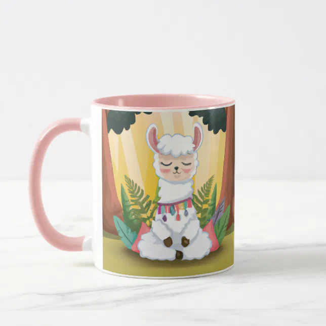 Cute Llama Meditating in Magical Forest Mug