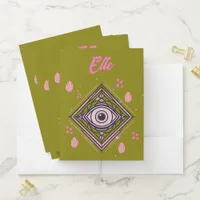 Hamsa Hand with Evil Eye and Hearts Pink on olive Pocket Folder