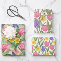 Tulips Daffodils Hyacinths Three Different Styles Wrapping Paper Sheets