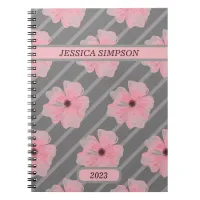 Pink Flowers And Stripes Personalized Notebook