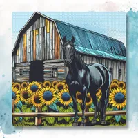 Pretty Black Horse and Rustic Barn with Sunflowers Metal Print