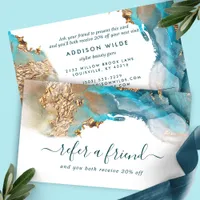 Blue And Gold Modern Art Liquid Watercolor Ink Referral Card