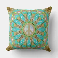 Aqua Gold Groovy Glam Peace Mandala Outdoor Pillow