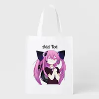 Sweet Purple and Black Anime Girl with Cat Ears Grocery Bag