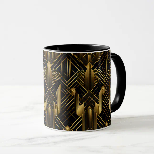 Retro 1920s Art Deco Black Gold Geometric Pattern Mug