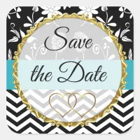 Gold, Black and Blue Floral Save the Date Stickers