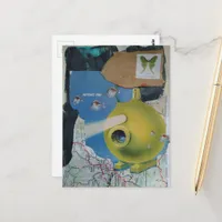 Retro Submarine Fish and Moth Collage Postcard