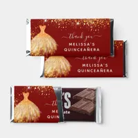 Quinceanera red gold glitter dust dress name hershey bar favors