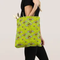 Cartoon Bumble Bees and Beehive Green Yellow Tote Bag