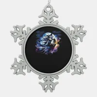 Whimsigoth Witch Flying Over Full Moon Women Kids  Snowflake Pewter Christmas Ornament