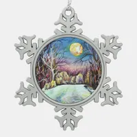 Silent Night Winter Full Moon in Sweden Snowflake Pewter Christmas Ornament