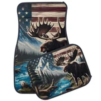 Moose by Lake With Mountain and Flag Background Car Floor Mat