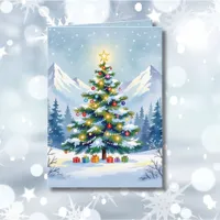 Watercolor Christmas Tree in the Mountains  Photo Holiday Card