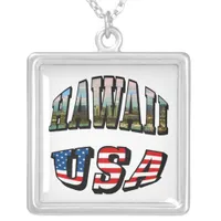 Hawaii Picture and USA Flag Text Square Silver Plated Necklace