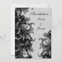 black and Silver Gray Flourish Wedding Invitation