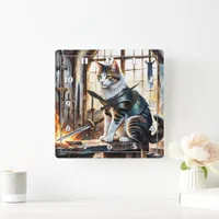 Cat in Armor Surrounded by Swords at Dawn Square Wall Clock