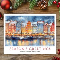 Watercolor Nyhavn Copenhagen Christmas Travel Holiday Postcard