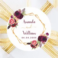 Burgundy florals geometric wedding boho classic round sticker