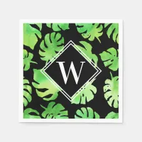 Tropical Green Watercolor Leaves on Black Monogram Napkins