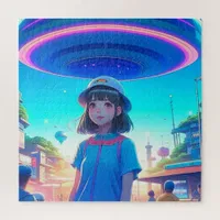 Anime Girl under a UFO in the City Jigsaw Puzzle