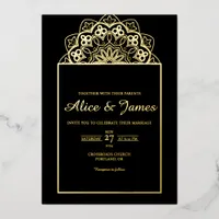 Top Mandala Crest Elegant Black Gold Foil Wedding Invitation