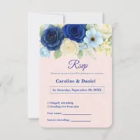 Navy Royal Bue Wedding Watercolor Ivory Flowers RSVP Card