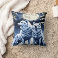 Howling Wolves Under Moonlight.  Throw Pillow