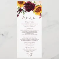 Rustic Sunflower Roses Burgundy Red Wedding Menu