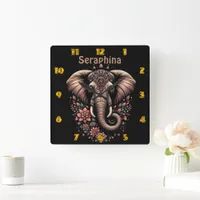 Floral dawn elephant art square wall clock