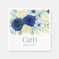 Navy Royal Bue Wedding Watercolor Ivory Flowers Napkins