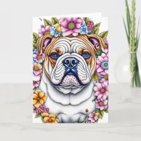 Ai Art Bulldog Surrounded by Whimsical Flowers Card